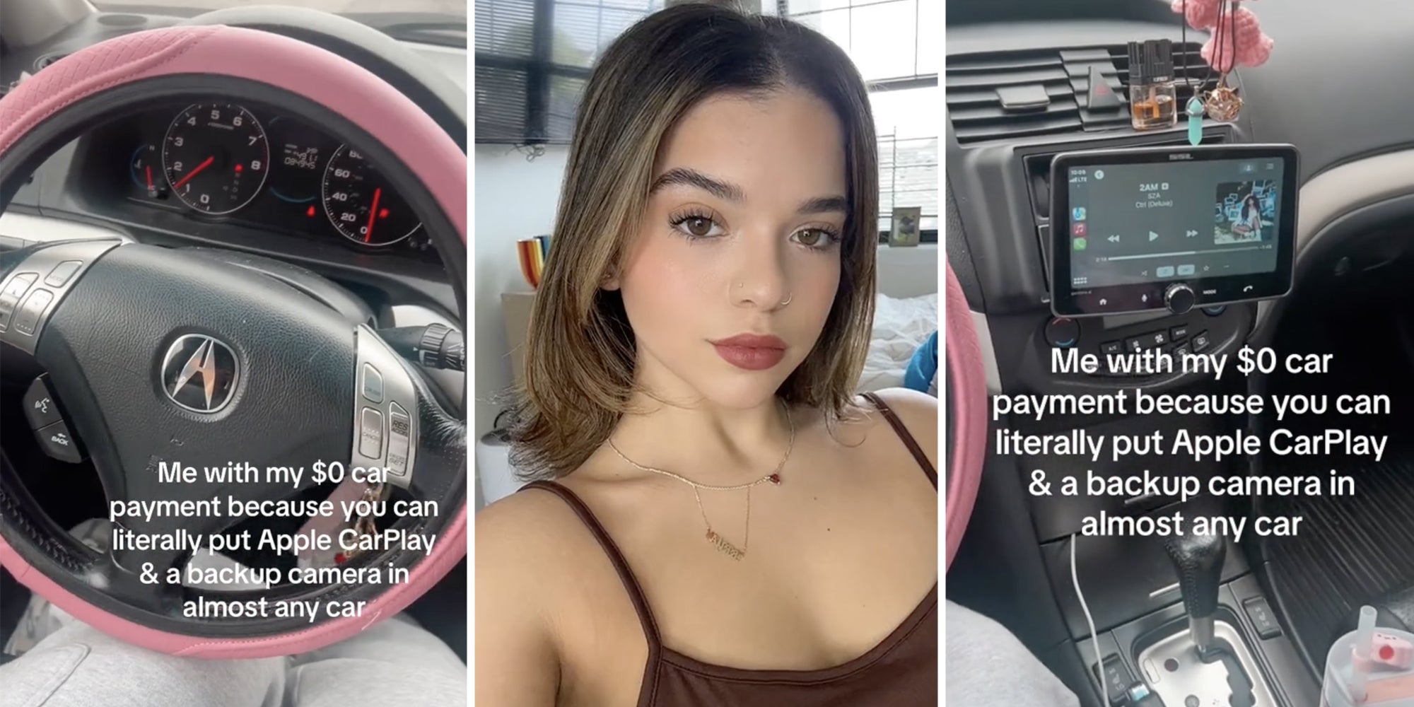 Car steering wheel(l), Woman looking at camera(c), Apple Car play(r)