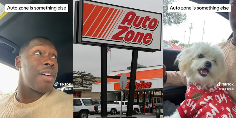 young man in car (l) Auto Zone sign (c) dog in car (r)