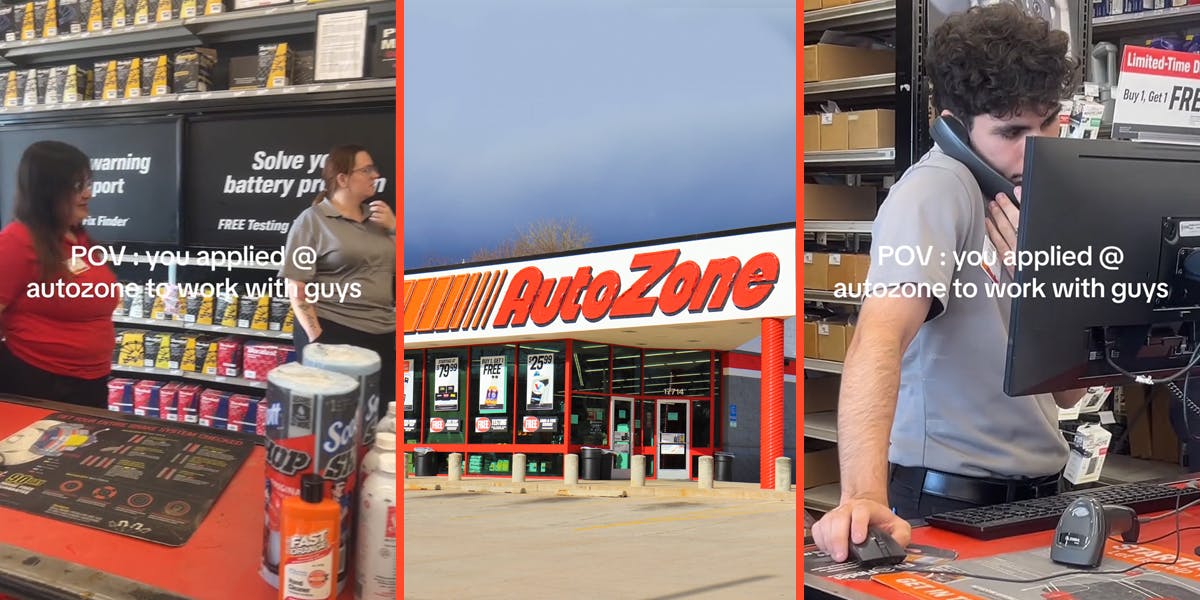 workers with caption "POV: you applied @ autozone to work with guys" (l) Autozone (c) worker with caption "POV: you applied @ autozone to work with guys" (r)