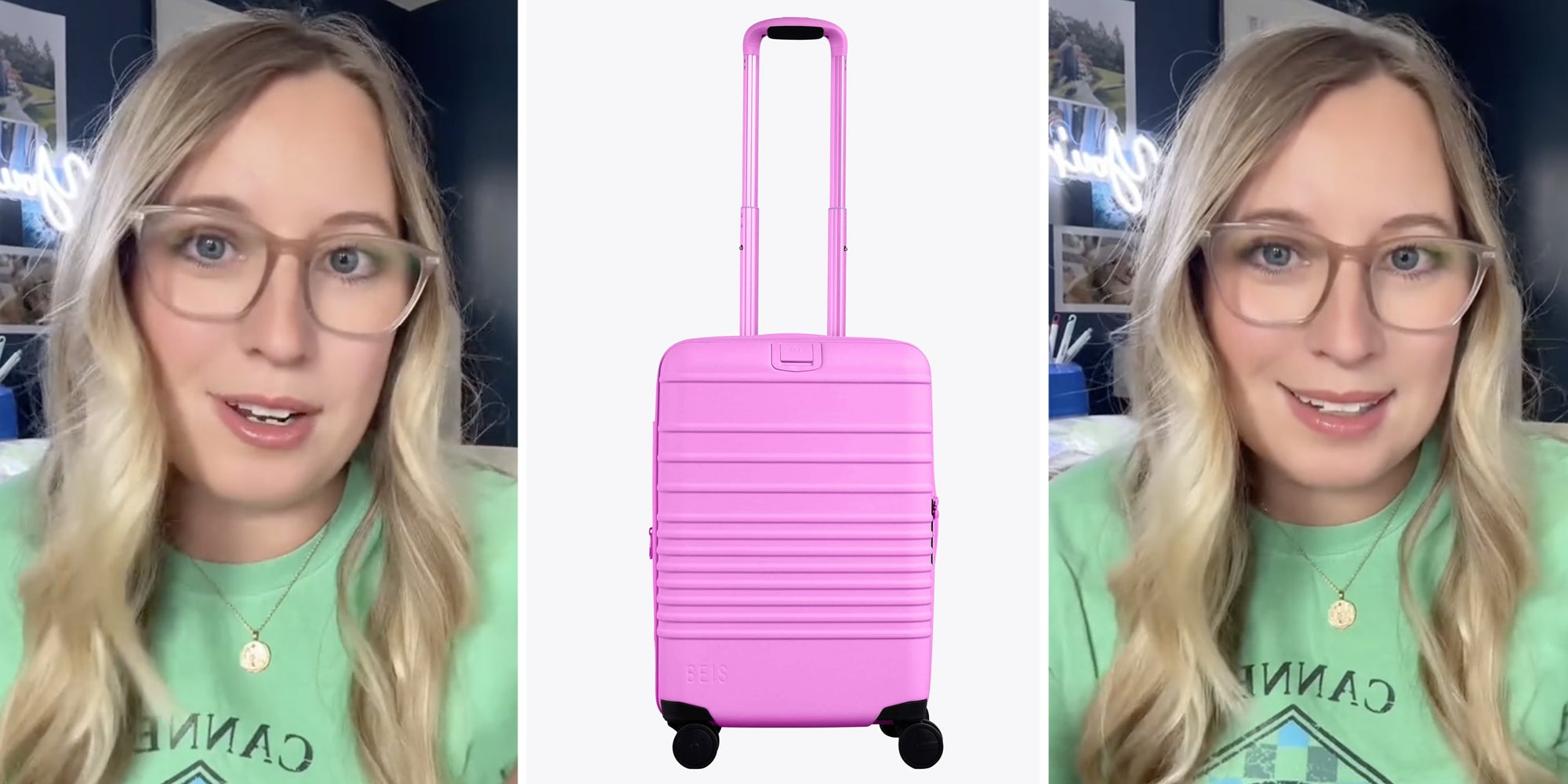 Woman talking(l+r), Beis carry on luggage(c)