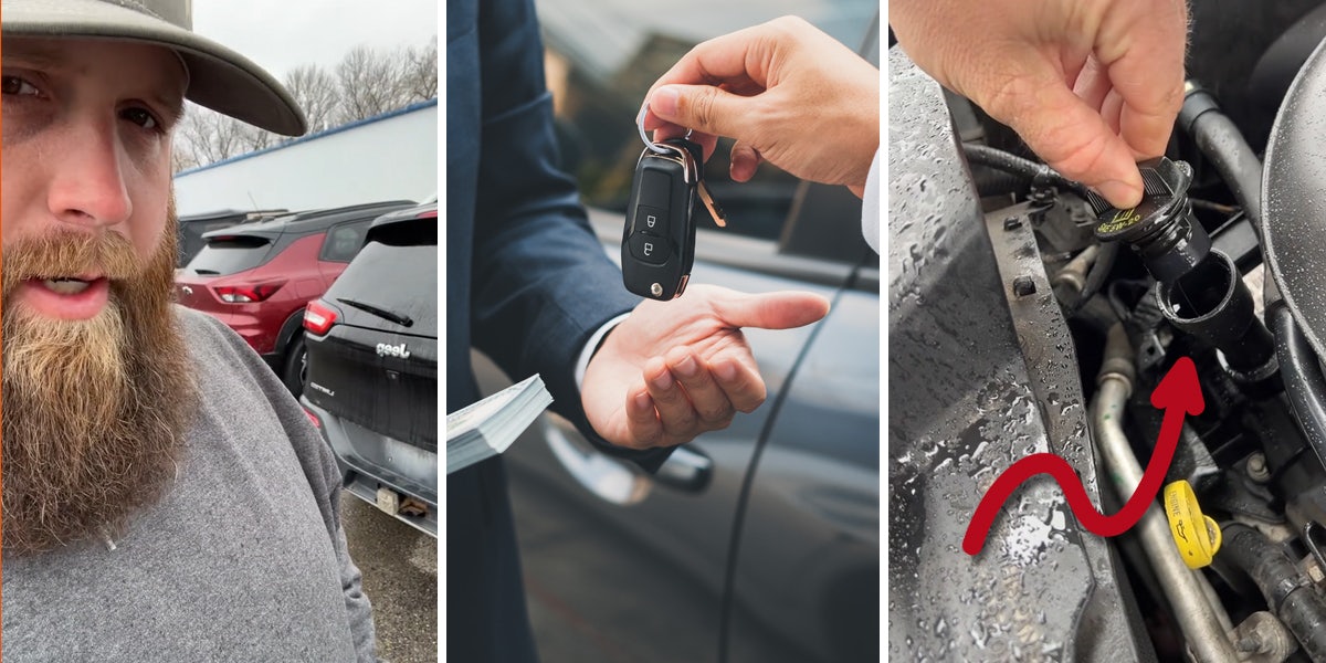 man speaking with cars (l) man buying car as other man hands him keys (c) man showing strings when he pulls out oil cap (r)