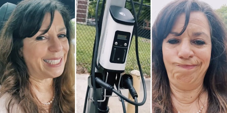 Woman talking(l+r), Electric car recharge station(c)