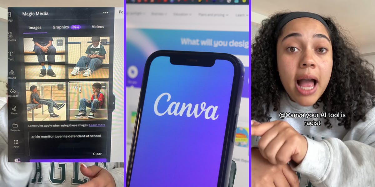 Canva AI Magic Media result images of boys with ankle monitor (l) Canva on phone in front of computer screen (c) woman speaking with caption "@Canva your AI tool is racist" (r)