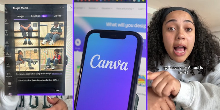 Canva AI Magic Media result images of boys with ankle monitor (l) Canva on phone in front of computer screen (c) woman speaking with caption '@Canva your AI tool is racist' (r)