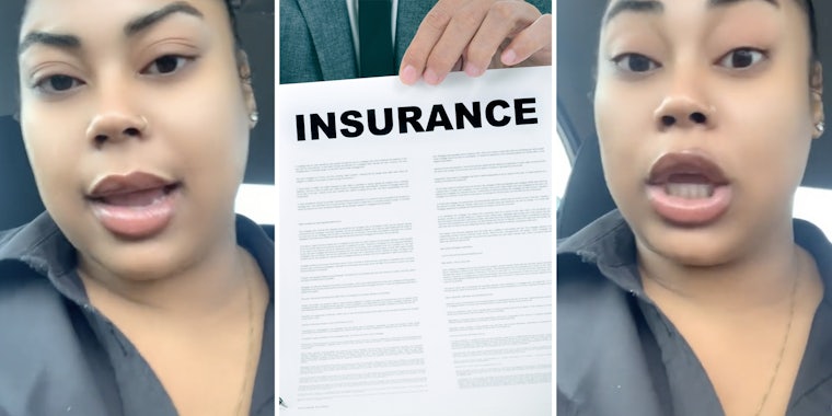 Woman talking(l+r), Hand holding insurance contract(c)