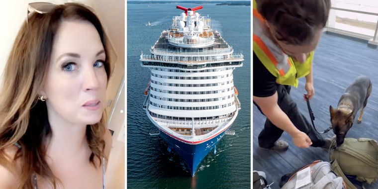 Woman talking(l), Carnival Cruise ship(c), Drug sniffing dog(r)