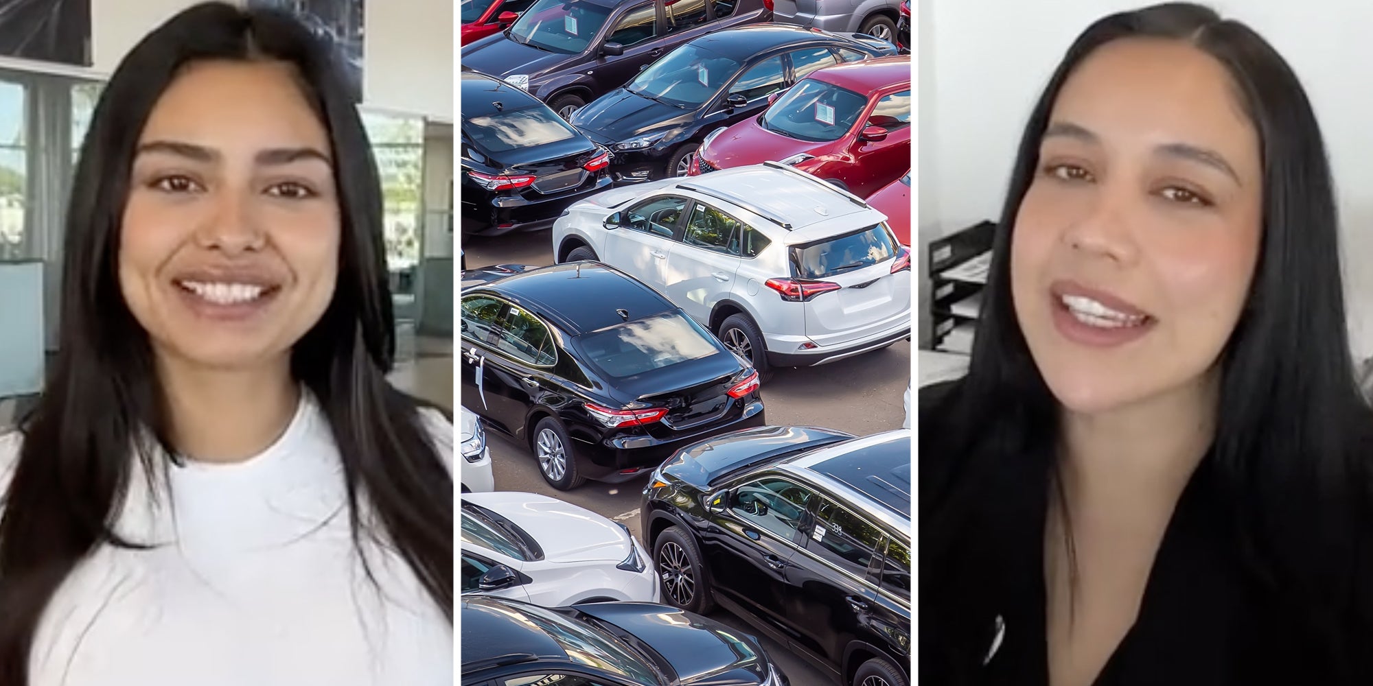 Woman talking(l), Car lot(c), Different woman talking(r)