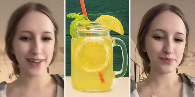 Woman talking(l+r), Lemonade in a glass(c)