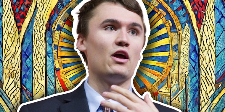 Charlie Kirk in front of ai graphic