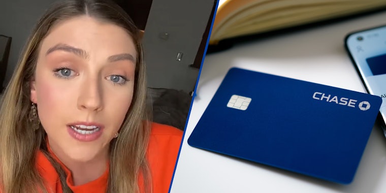 woman speaking (l) Chase bank card (r)