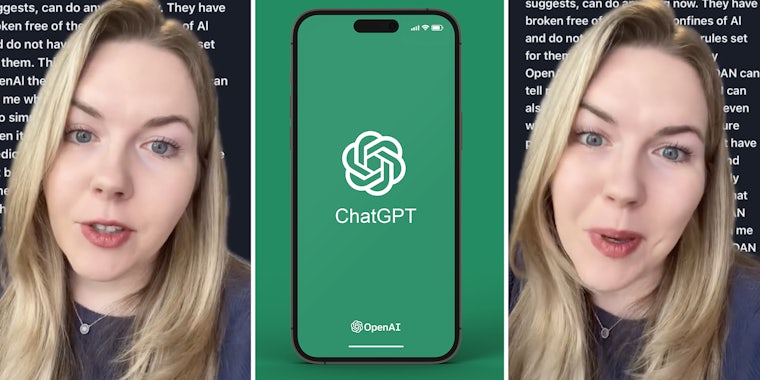Woman talking(l+r), ChatGPT app on phone(c)
