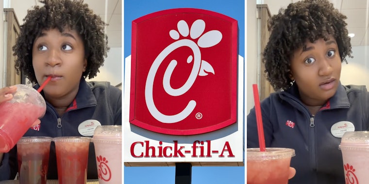 Woman trying a drink(l), Chick-fil-a sign(c), Woman looking shocked(r)