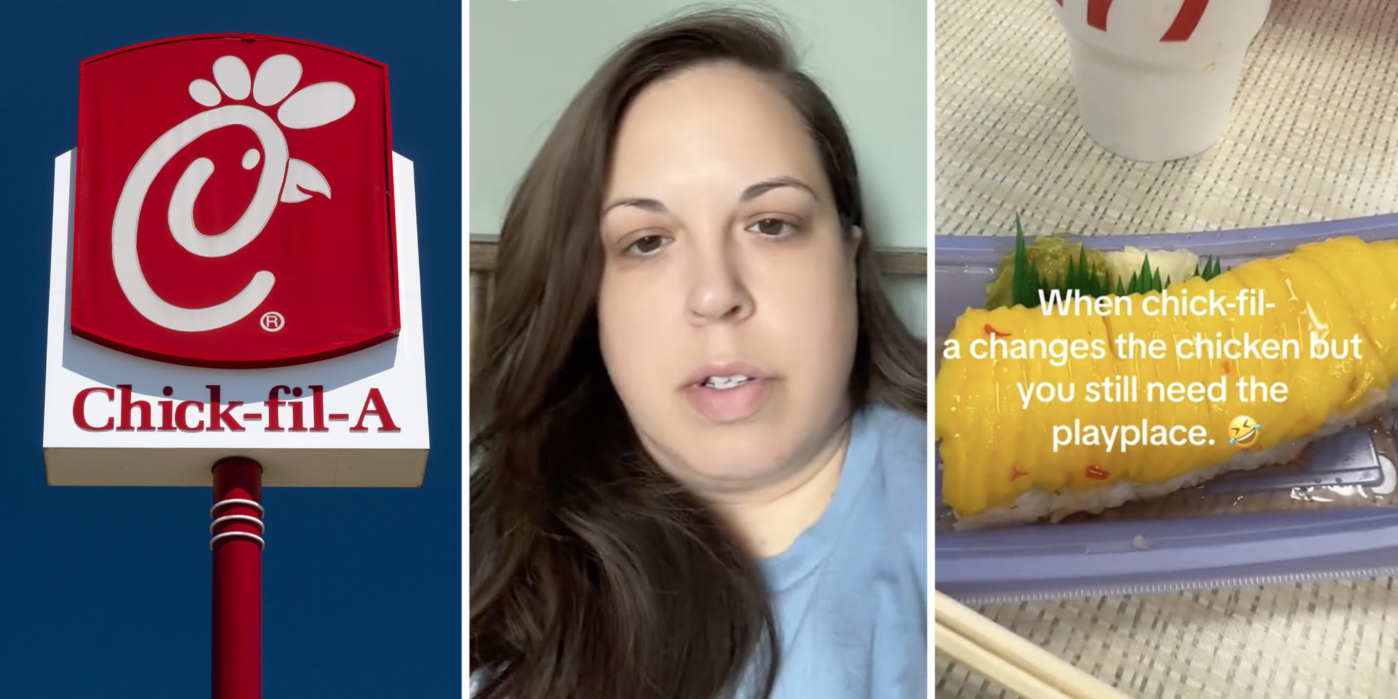 Chick-fil-a(l), Woman talking(c), Sushi(r)