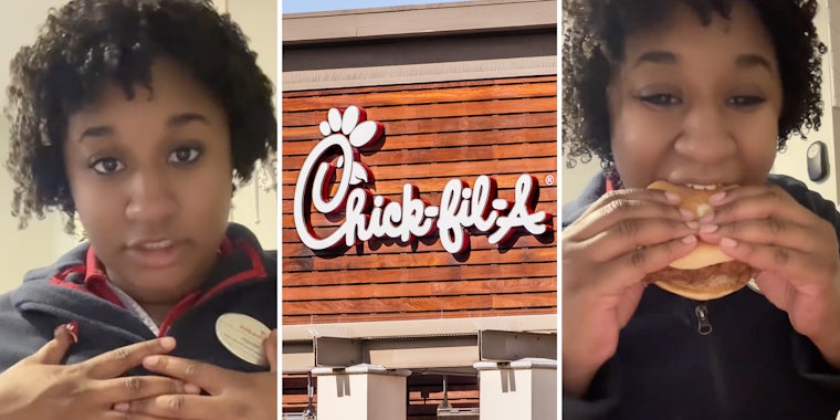 Woman talking(l), Chick-fil-a storefront(c), Woman eating chicken sandwich(R)