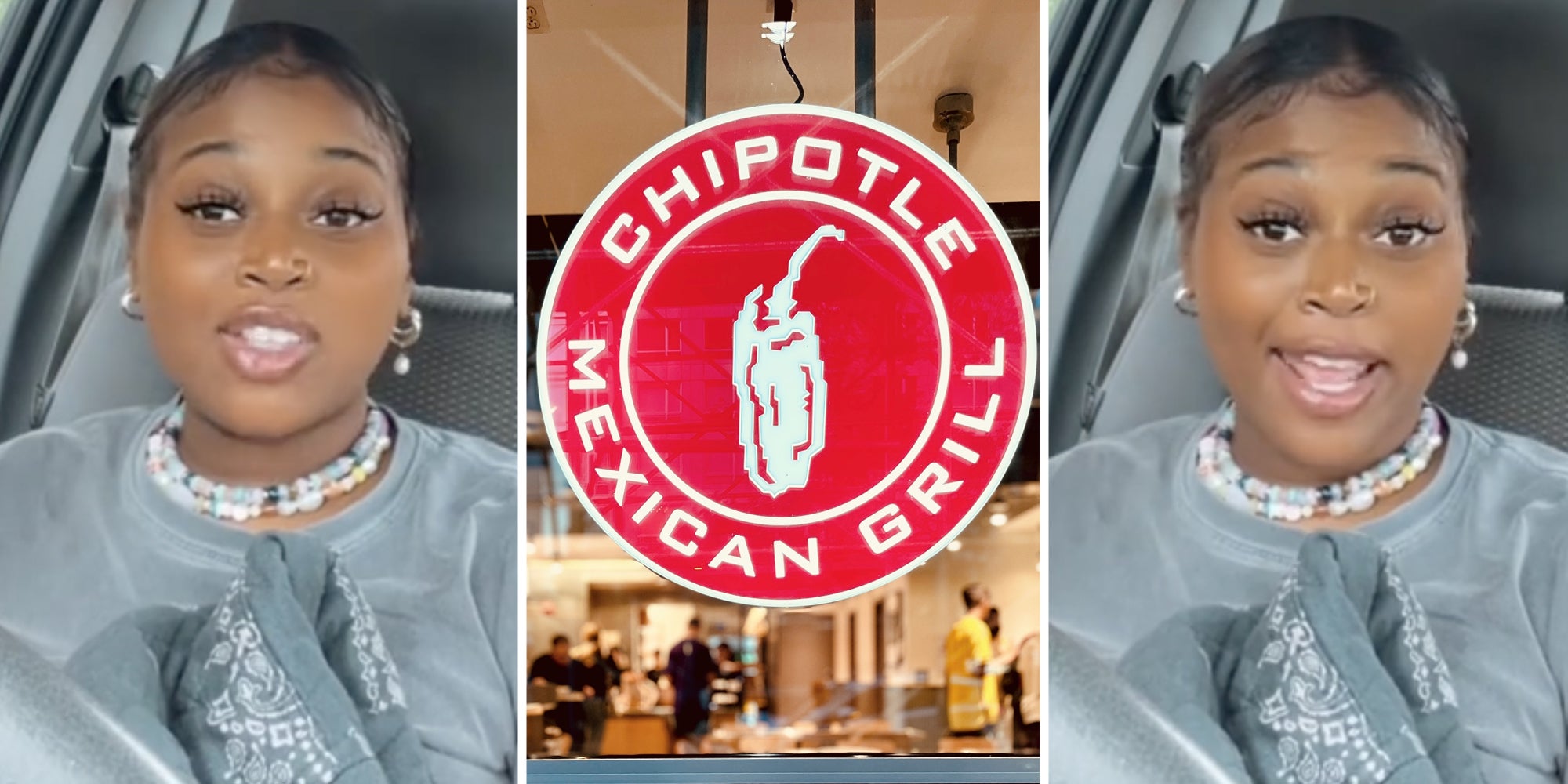 Woman talking(l+r), Chipotle sign(c)