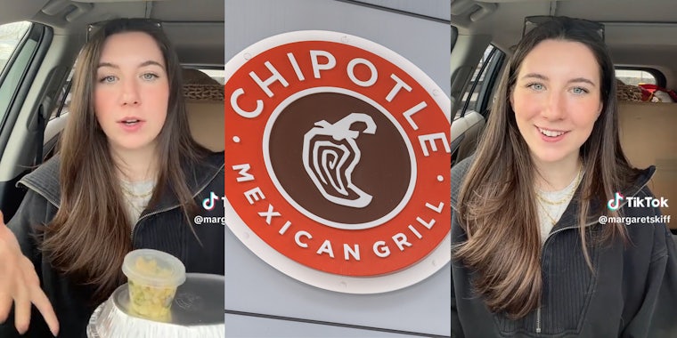 young woman in car (l&r) chipotle mexican grill sign (c)