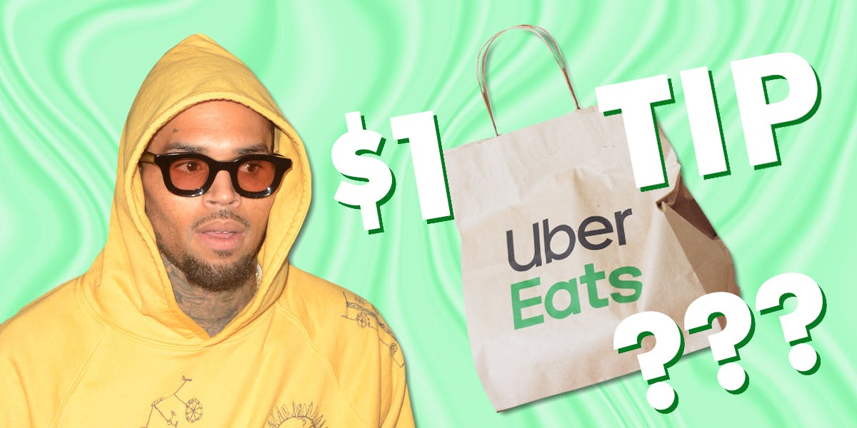 Chris Brown with Uber Eats bag over green background with text "$1 TIP ???"