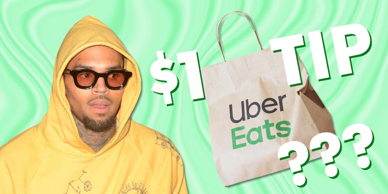 Chris Brown with Uber Eats bag over green background with text '$1 TIP ???'