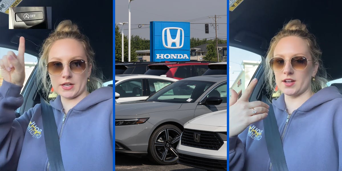 woman speaking in car pointing to button (l) Honda dealership with Accords (c) woman speaking in car (r)