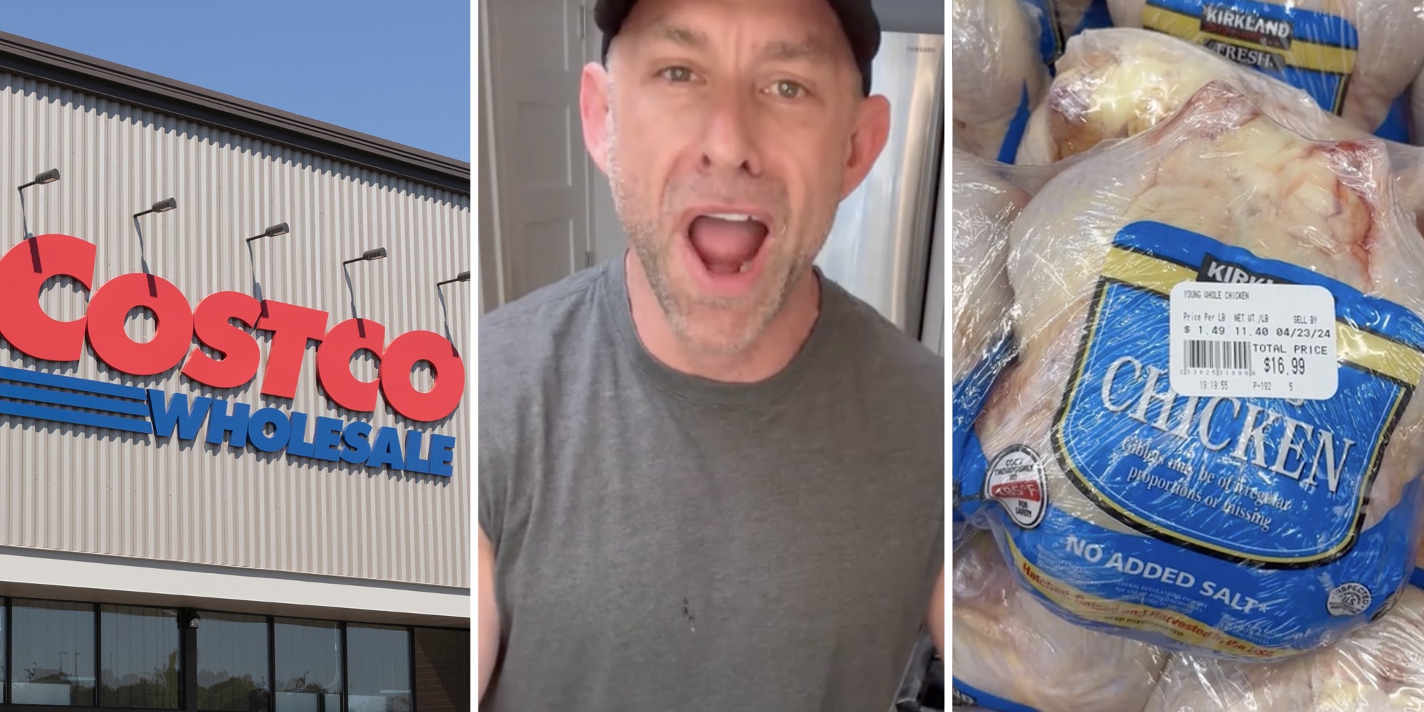 Costco(l), Man talking(c), Chicken(r)