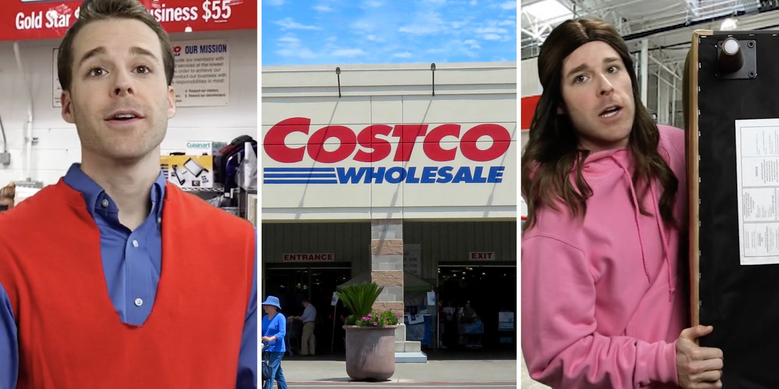 Costco Worker(l), Costco(c), woman with couch(r)