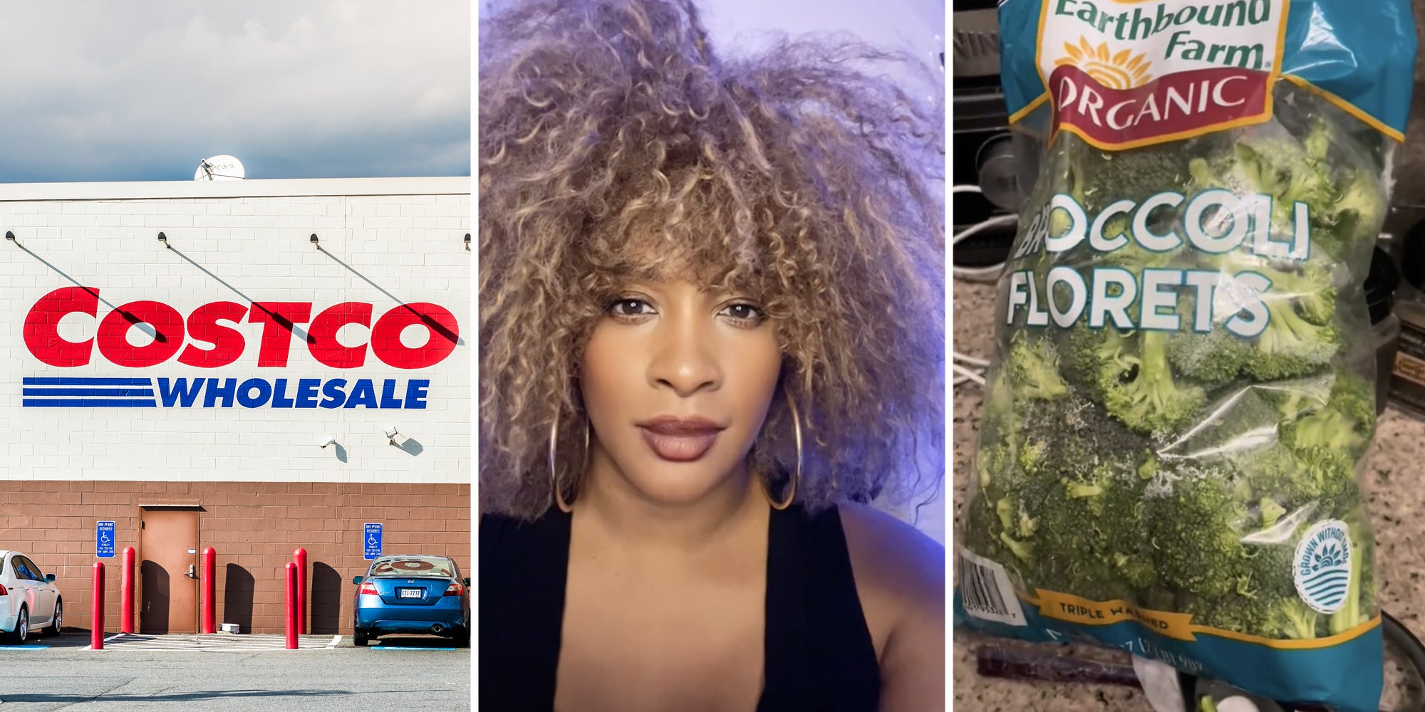 Costco(l), Woman talking(c), Broccoli in bag(r)