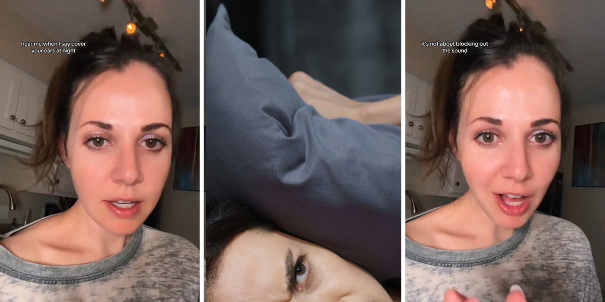 woman speaking with caption 'hear me when I say cover your ears at night' (l) woman holding pillow over ears (c) woman speaking with caption 'it's not about blocking out the sound' (r)