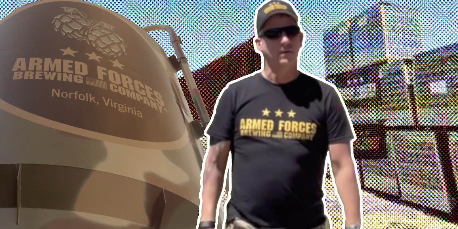Armed Forces Brewing company worker in front of beer silo and wall they built with cans