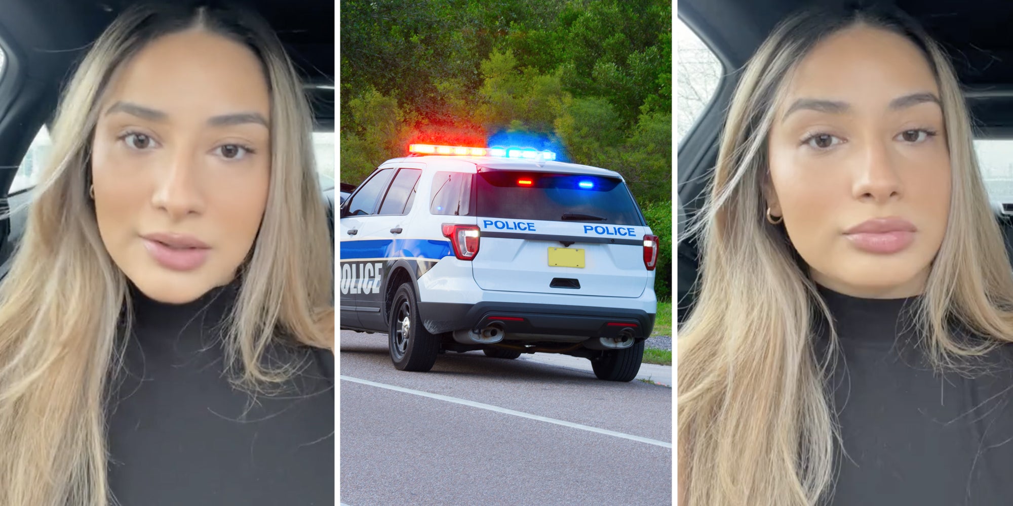 WOman talking(l+r), Police car with lights on(c)