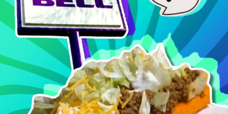 Taco Bell sign and taco over green and blue background