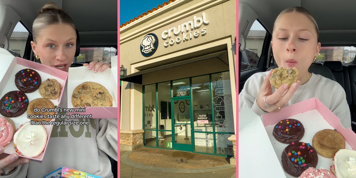 woman with cookies in car with caption 'do Crumbl's new mini cookies taste any different than the regular size one' (l) Cruml Cookies sign on building (c) woman with cookies in car (r)