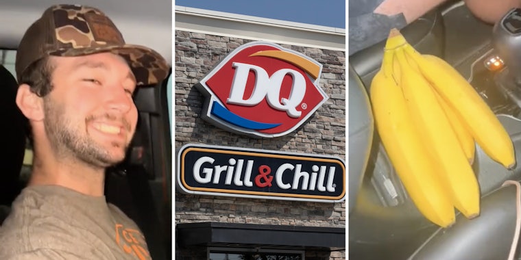 Man smiling(l), Dairy Queen storefront(c), Bananas in car(r)