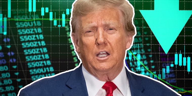 Donald Trump in front of stock graphics