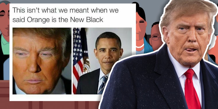 Donald trump leering at meme of him vs Obama superimposed over jury illustration