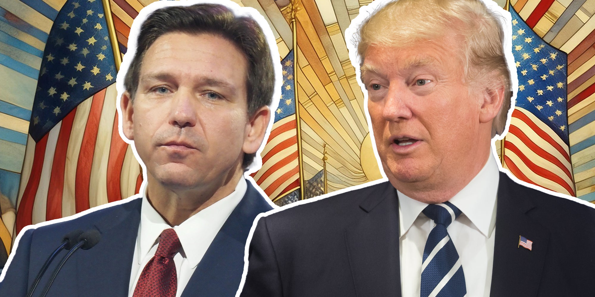 Ron Desantis(l), Donald Trump(r), American flag background