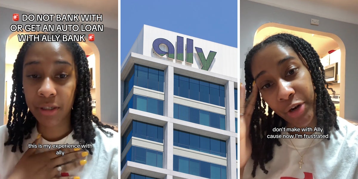 person speaking with caption 'DO NOT BANK WITH OR GET AN AUTO LOAN WITH ALLY BANK this is my experience with ally' (l) Ally bank (c) person speaking with caption 'don't make with Ally cause now I'm frustrated' (r)