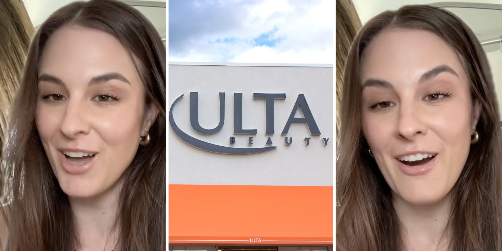 Woman talking(l+r), Ulta Beauty storefront(c)
