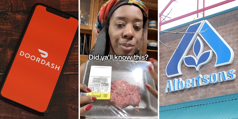 DoorDash(l), Woman with meat(c), Albertsons(r)