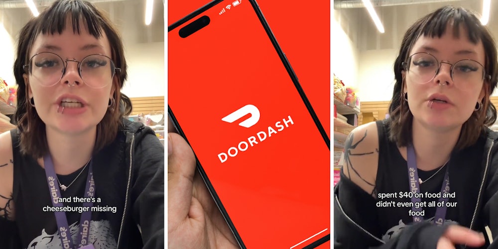 person speaking with caption 'and there's a cheeseburger missing' (l) Doordash app on phone (c) person speaking with caption 'spent $40 on food and didn't even get all of our food' (r)