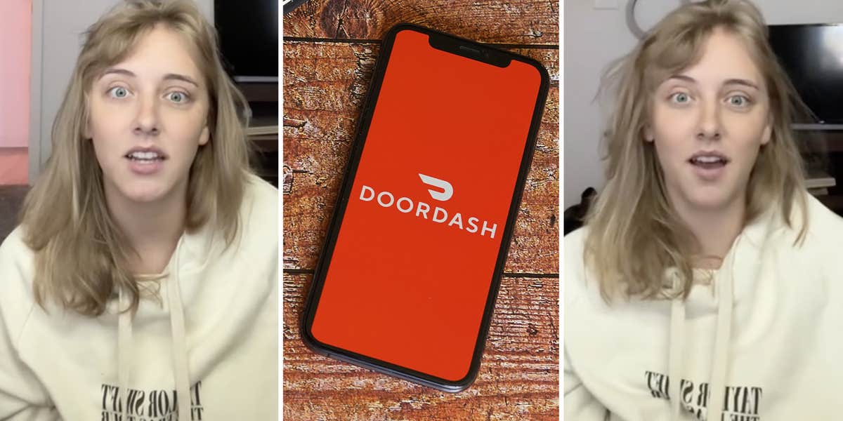 Woman talking(l+r), Phone with doordash app(c)