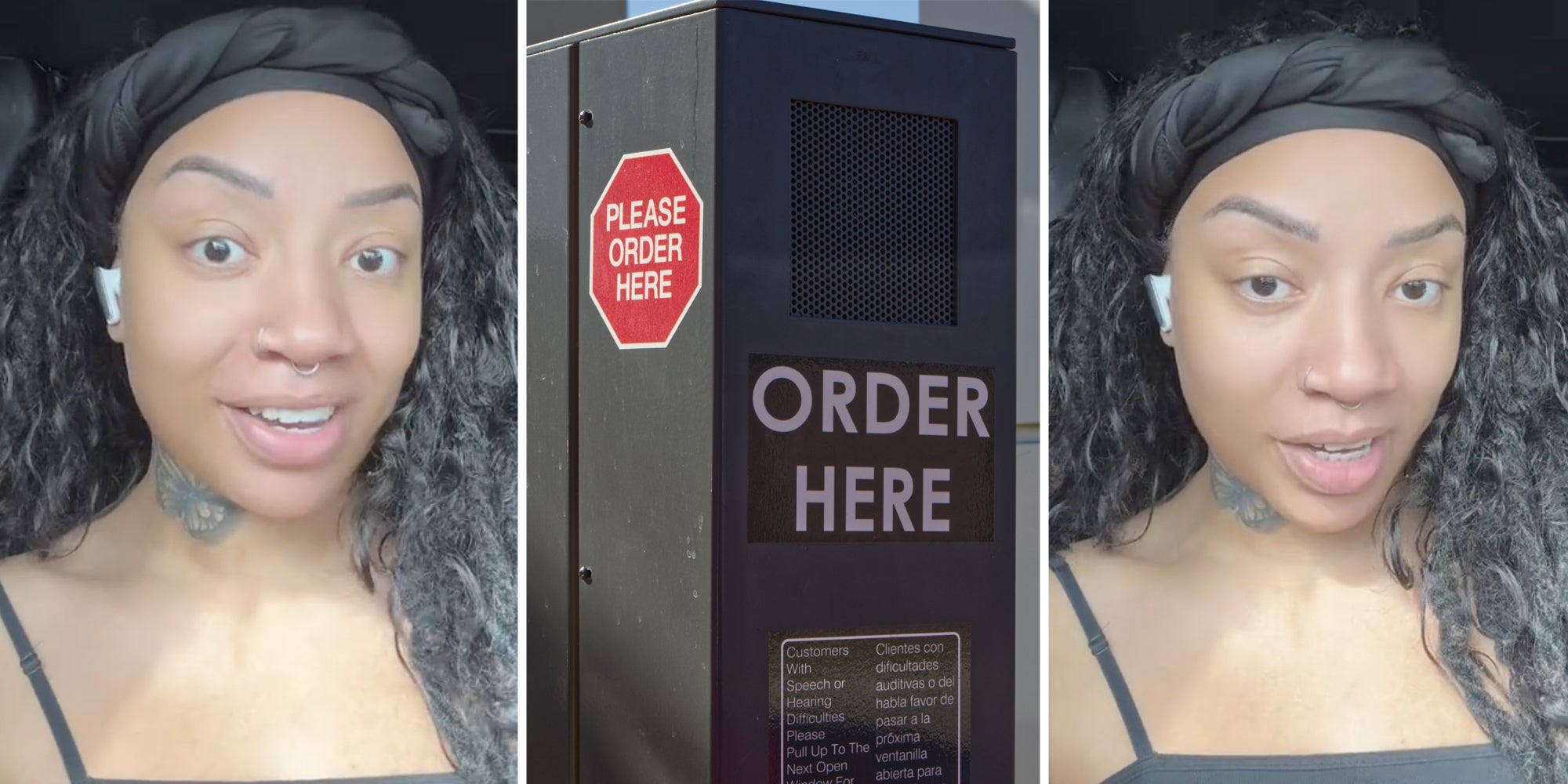 Woman talking(l+r), Drive Thru ordering machine(c)
