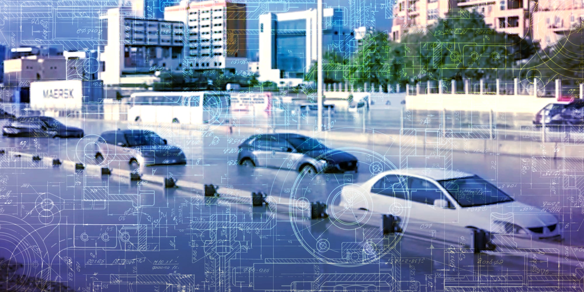 Cars in flooded road with engineering designs super imposed