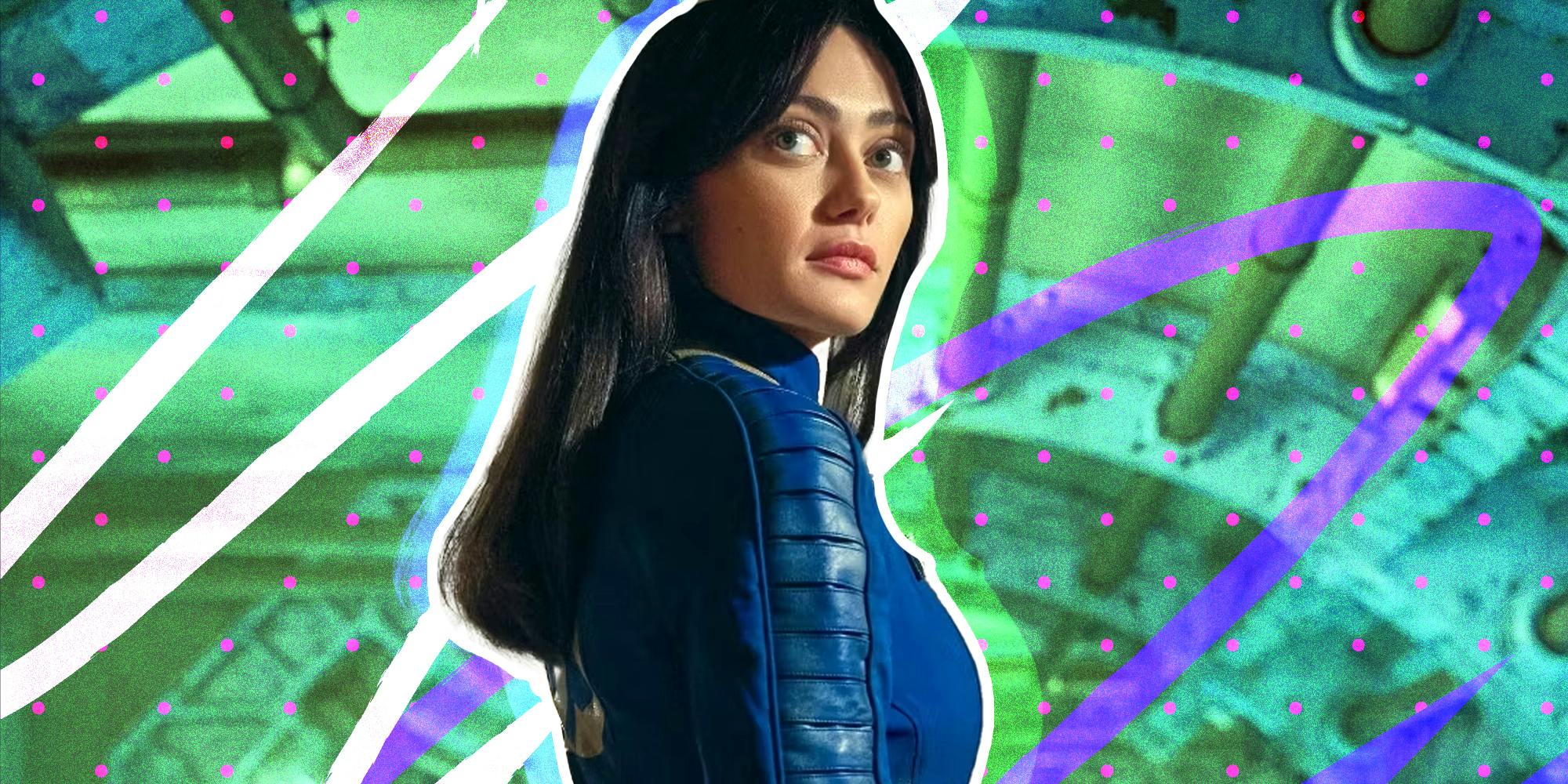 Ella Purnell in Fallout in front of graphic background