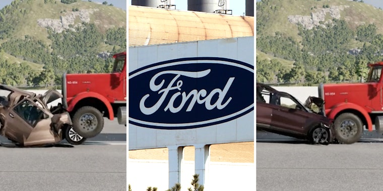 Car crash simulation 1(l), Ford sign(c), Car crash simulation 2(r)