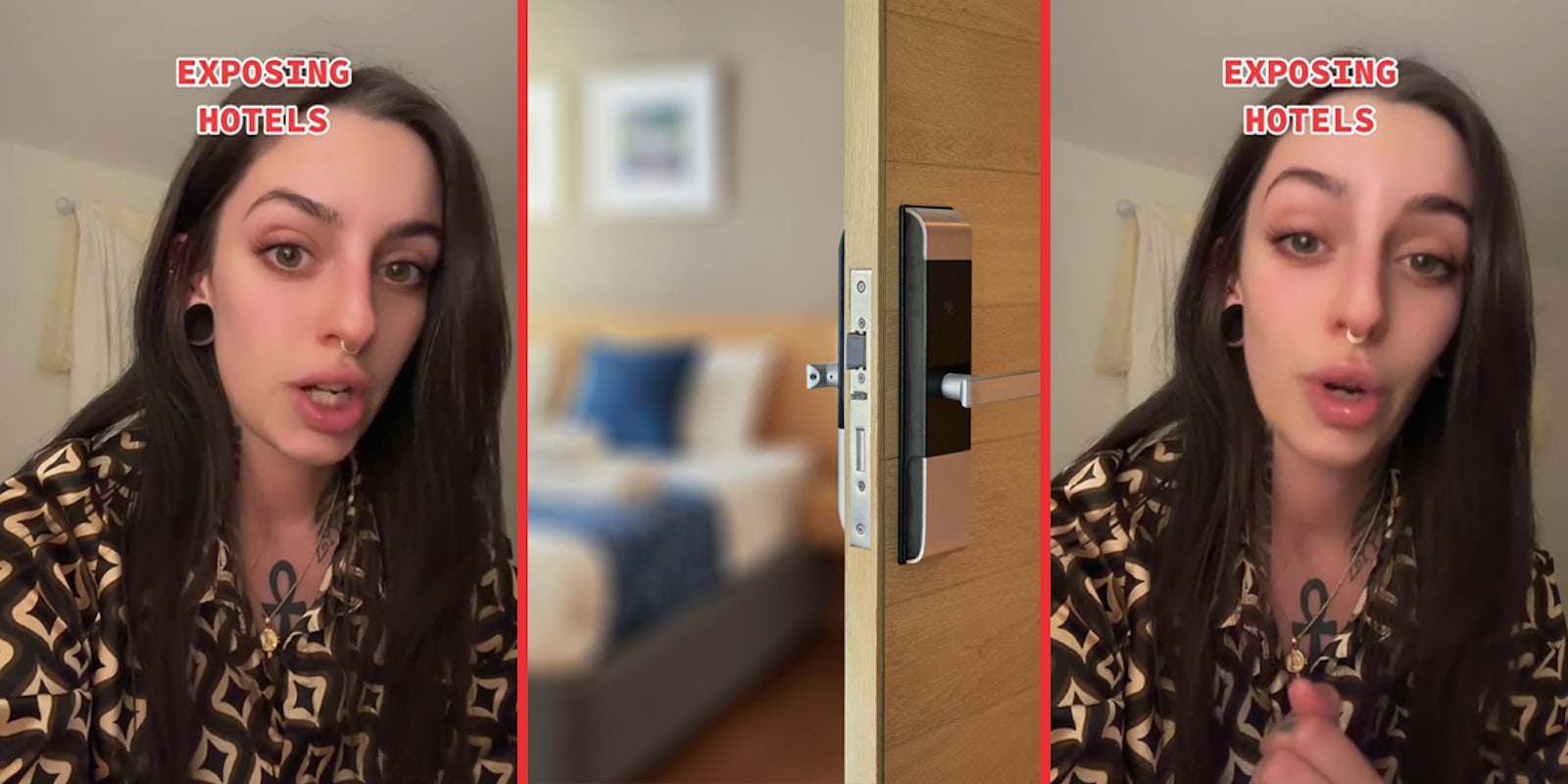 woman speaking with caption 'EXPOSING HOTELS' (l) hotel room door opening (c) woman speaking with caption 'EXPOSING HOTELS' (r)