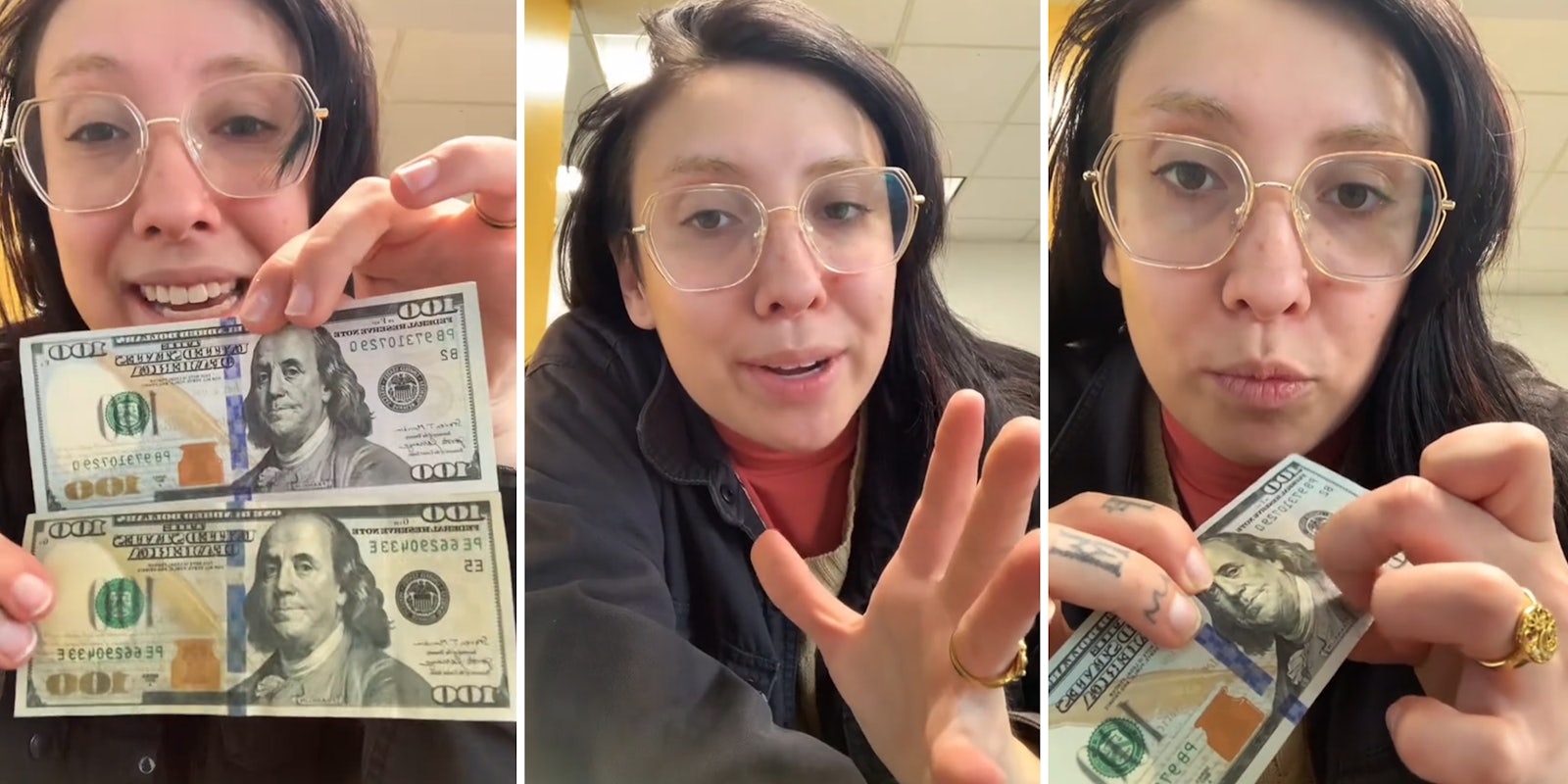 Bank worker shows how to spot a counterfeit bill after customer tries paying with fake $100