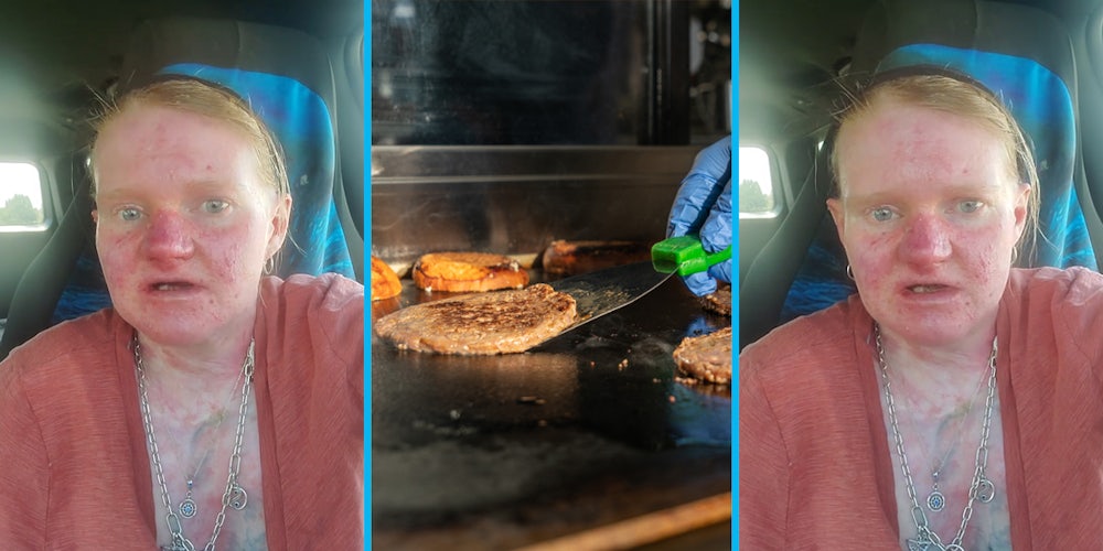 woman speaking in car (l) worker cooking burger on grill (c) woman speaking in car ( (r)