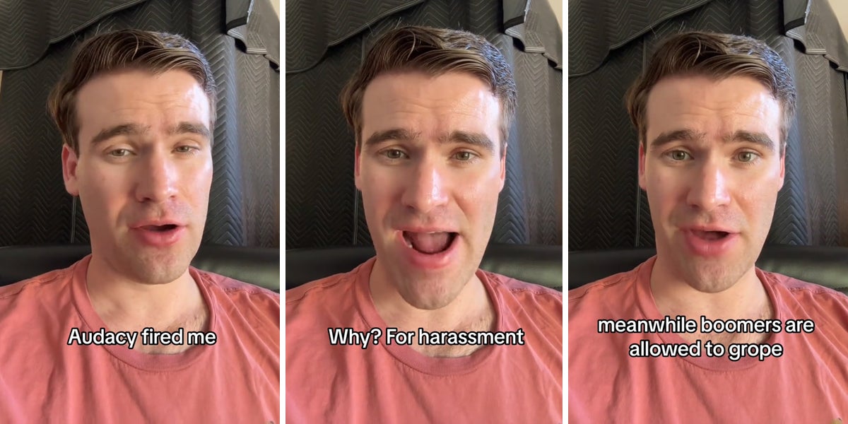 man speaking with caption 'Audacy fired me' (l) man speaking with caption 'Why? For harassment' (c) man speaking with caption 'meanwhile boomers are allowed to grope' (r)