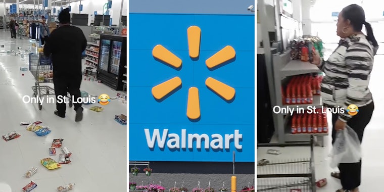 Shopper surrounded by things on the floor(l), Walmart(c), Shocked customer(r)