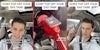 man in car (l&r) gas pump in gas tank (c) all with caption 